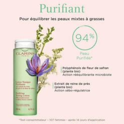 Clarins - Lotion Tonique Purifiante Aux Extraits De Reine Des Prés & Fleur De Safran - Peaux Mixtes à Grasses -Parfumerie Burdin Boutique clarins lotion tonique purifiante aux extraits de reine des pres fleur de safran 3